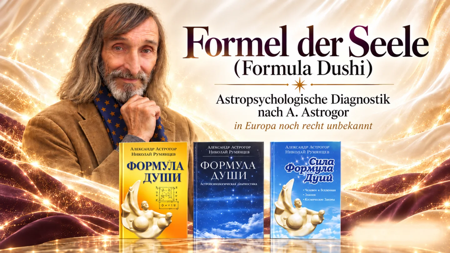 KI-generiertes Bild von Alexander Astrogor mit seinen Büchern zur Formula Dushi, auf Deutsch Formel der Seele