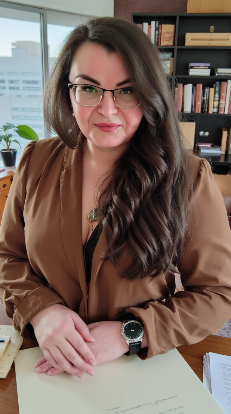 Helena Pris mit Brille an ihrem Schreibtisch