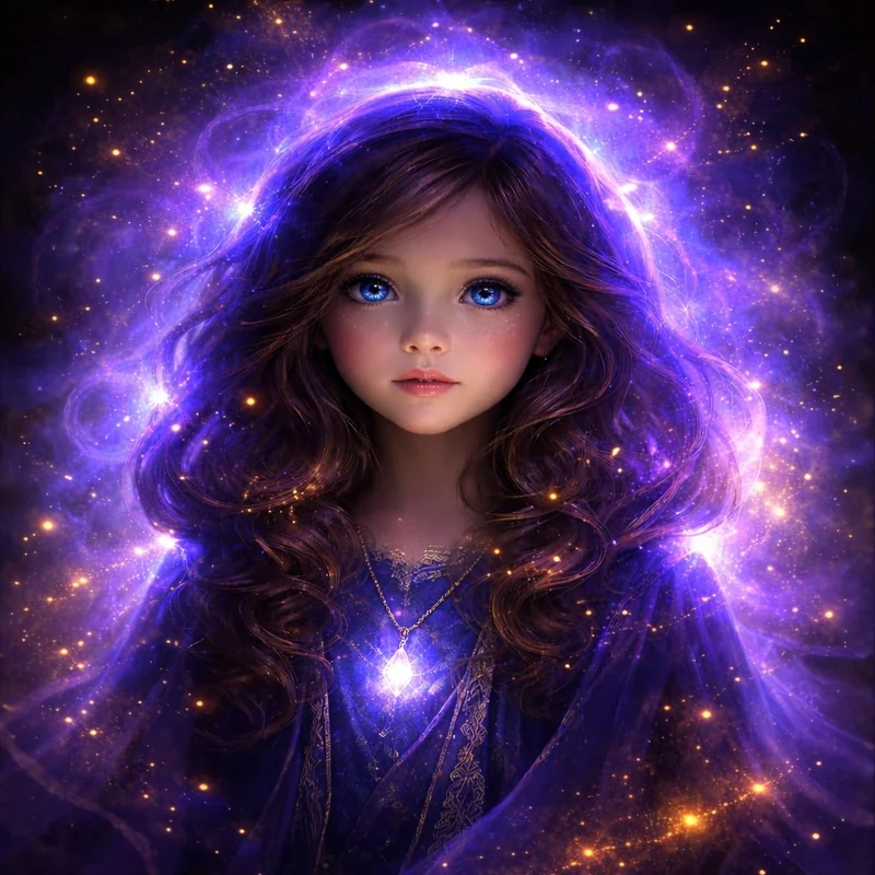 KI-generierte Illustration eines Mädchens mit leuchtenden blauen Augen und violettem Lichtschein