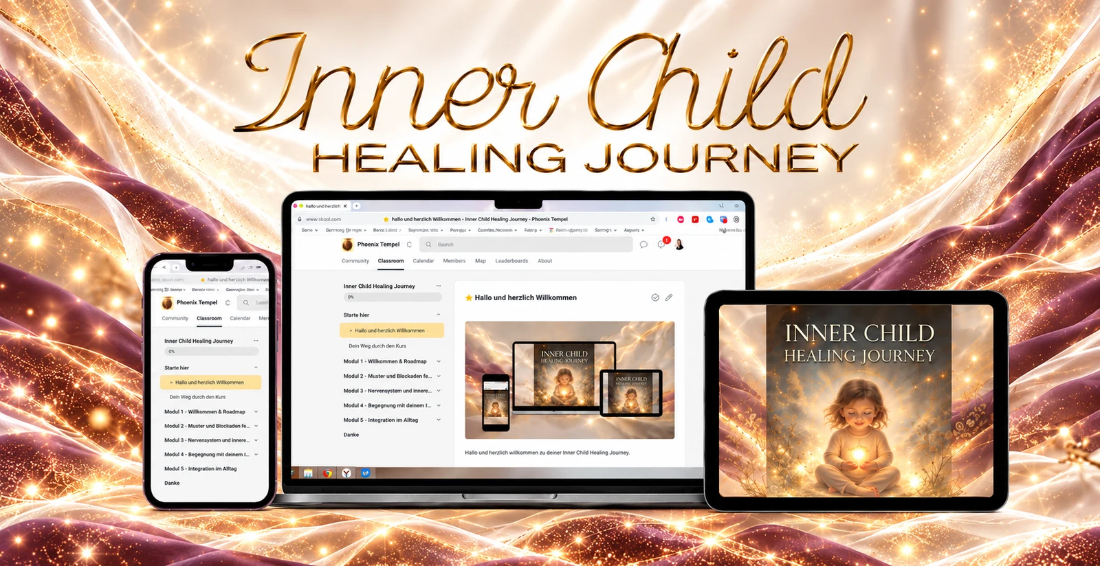 Kursmotiv Inner Child Healing Journey mit Laptop, Smartphone und Tablet