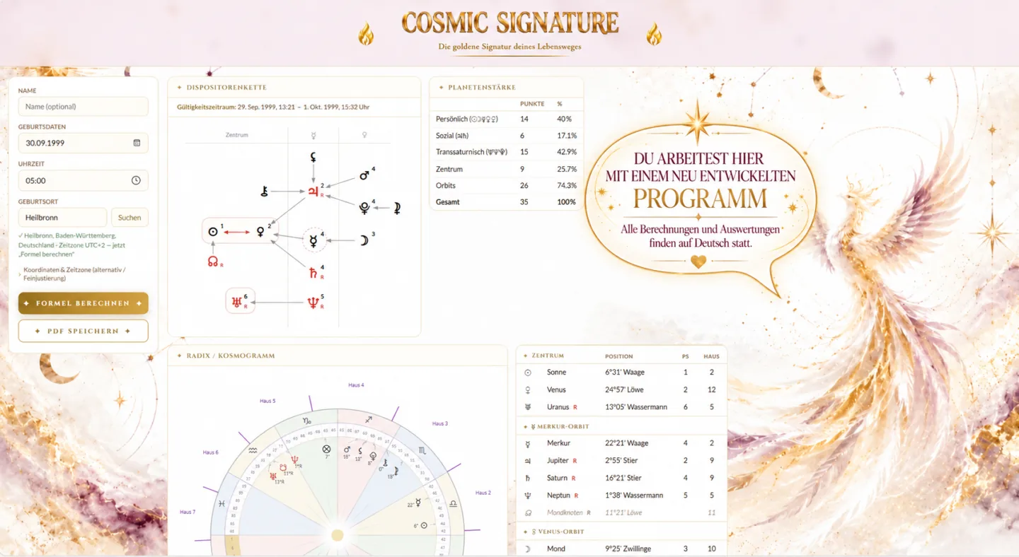 Screenshot des Cosmic Signature Programms mit Eingabemaske, Dispositorenkette, Planetenstärke, Kosmogramm und Positionstabelle