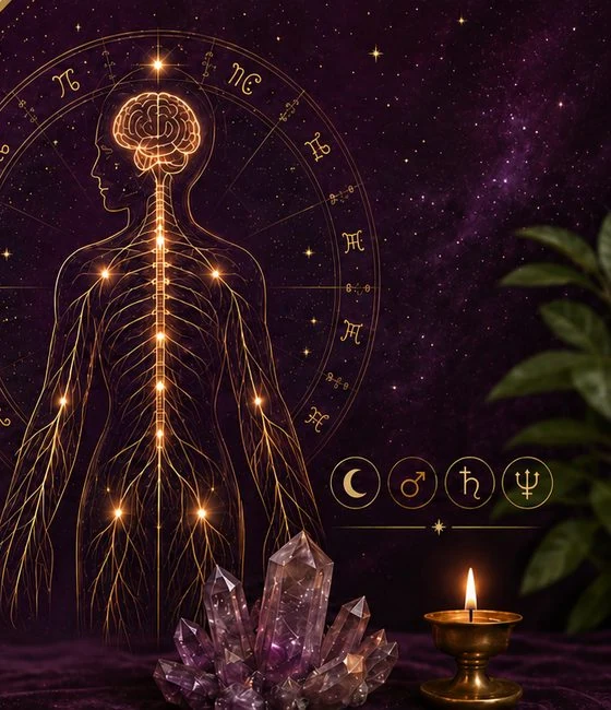 KI-generiertes Motiv zum Workshop Astrologie und Nervensystem mit einer leuchtenden Körpersilhouette vor einem Tierkreis