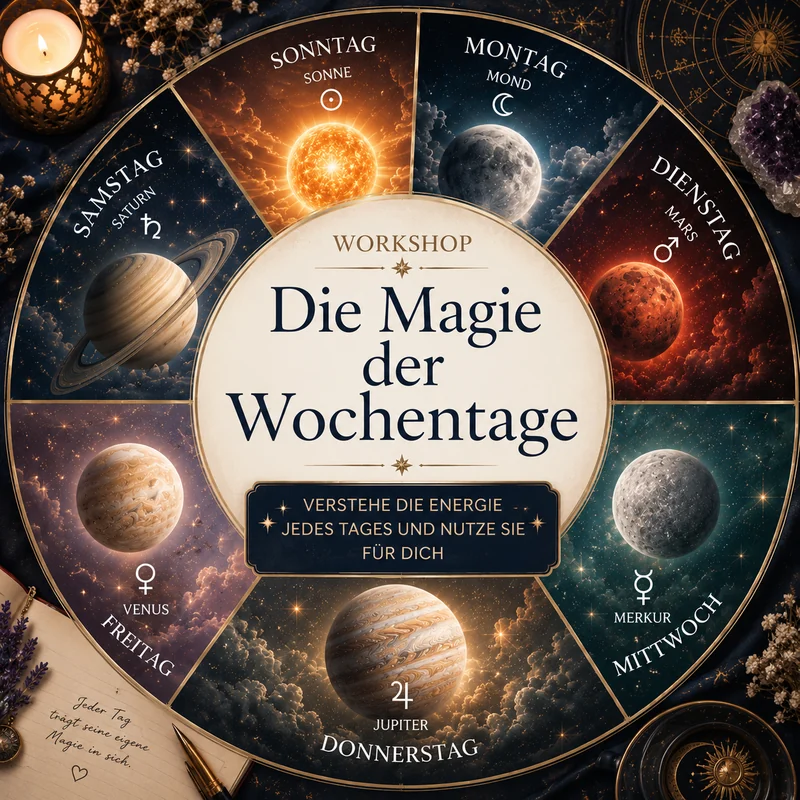 KI-generiertes Motiv zum Workshop Die Magie der Wochentage mit sieben Planeten in einem Kreis